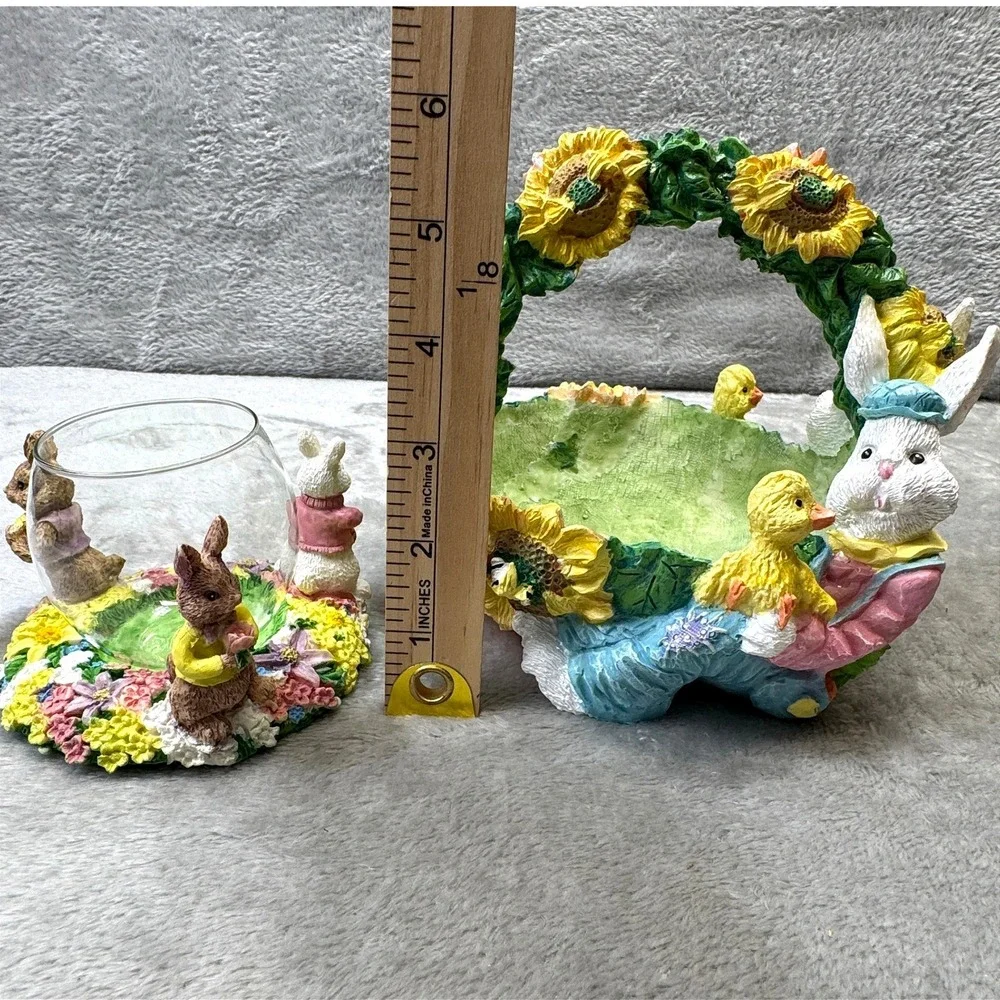 Easter Bunny Sunflower Resin Basket and Votive Candle Holder‎ Spring Lot 2 Vtg.